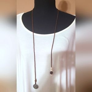 18 Inches Costa Rica Coin and Pearl's? & Leather Necklace